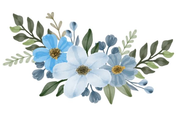 Blue Watercolor Floral Arrangement and Illustrations