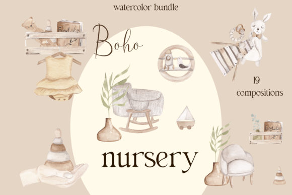 Boho Baby Nursery PNG, Watercolor Baby Illustrations