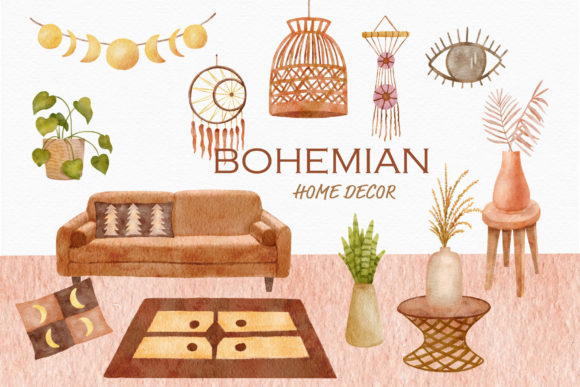 Boho Room Clipart Watercolor House Decor