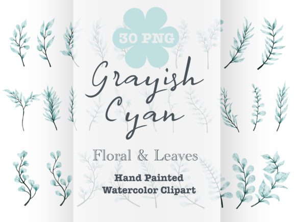 Grayish Cyan Leaves Watercolor Illustrations