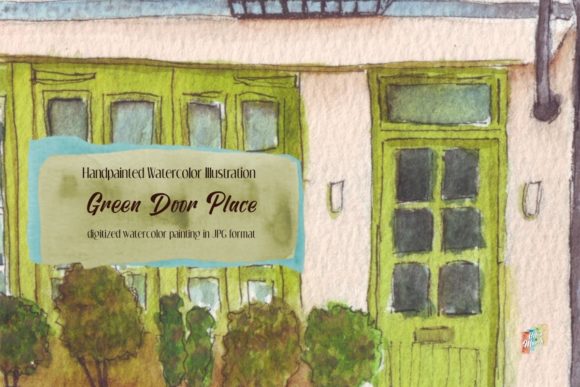 Green Door Place Watercolor Painting and Illustrations