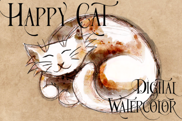 Happy Watercolor Cat Clipart PNG Overlay and Illustrations