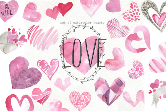 Set of Watercolor Hearts Illustrations