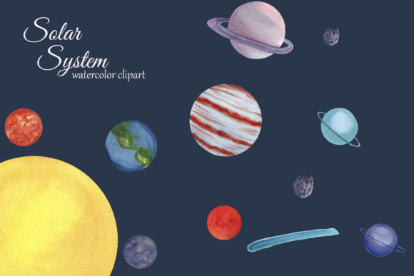 Solar System Watercolor Clipart, Illustrations