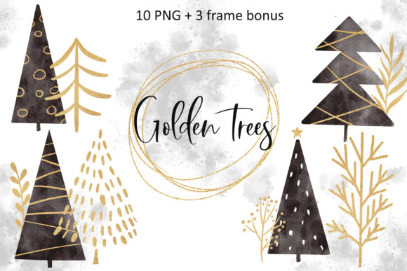 Watercolor Black and Golden Trees PNG