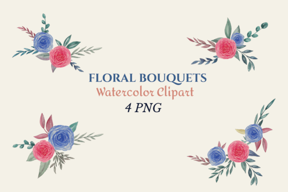 Watercolor Blue Red Flower Bouquets Illustrations