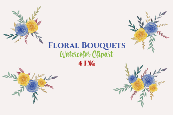 Watercolor Blue Yellow Flower Bouquets Illustrations