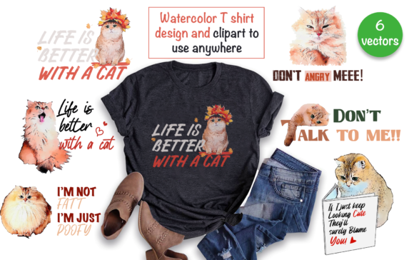 Watercolor Cat Clipart, Valentines Day Illustrations