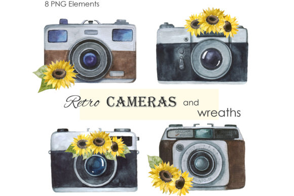 Watercolor Clipart. Camera and Sunflower. Illustrations