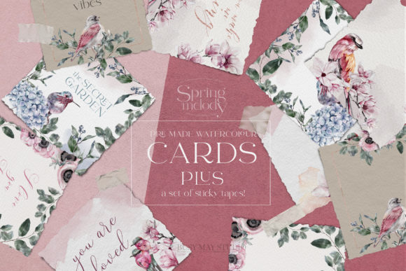 Watercolor Flower Birds Pre-made Cards Illustrations