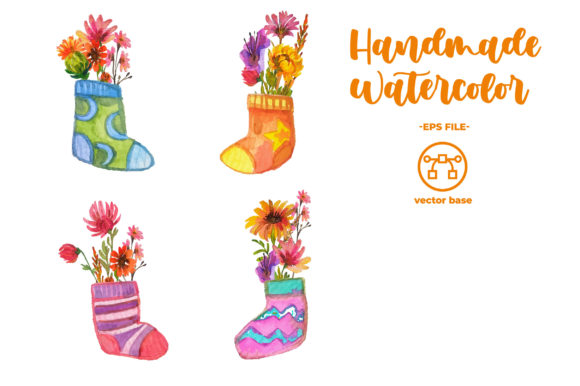 Watercolor Flowers in Socks and Illustrations