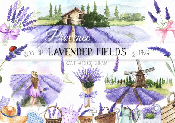 Watercolor Lavender Fields Clipart