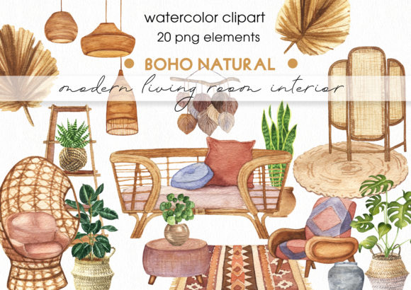 Watercolor Modern Boho Interior Clipart and Illustrations