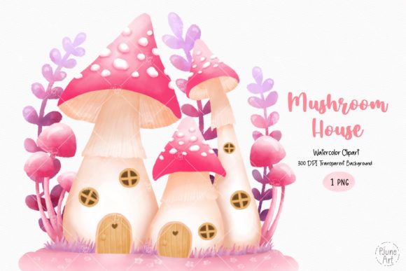 Watercolor Mushroom House Clipart and Illustrations