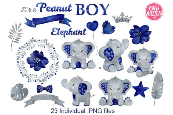 Watercolor Navy Gray Boy Elephant Bundle and Illustrations