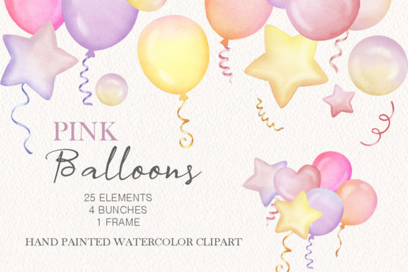 Watercolor Pink Balloons Party Clipart