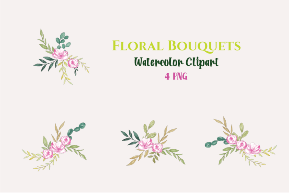 Watercolor Pink Flower Bouquets Illustrations