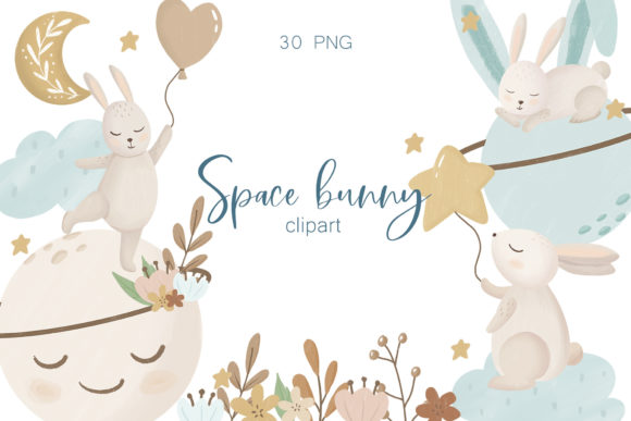 Watercolor Space Bunny Clipart, Illustrations