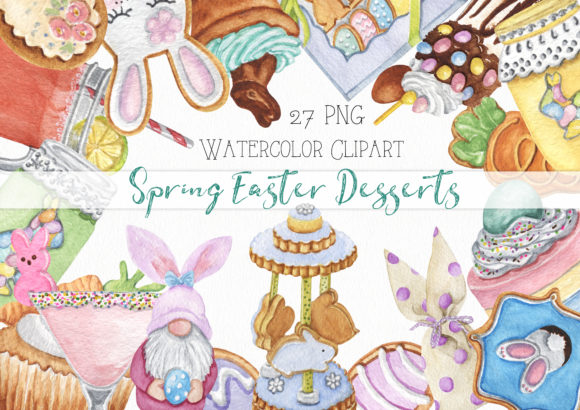 Watercolor Spring Easter Dessert Clipart and Illustrations