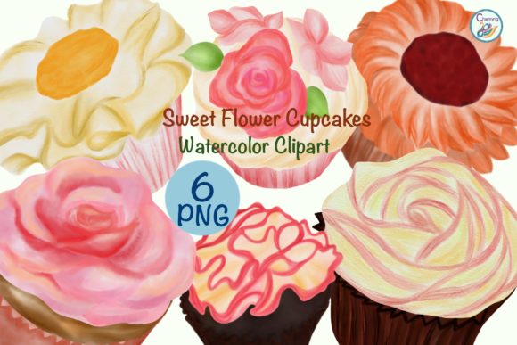 Watercolor Sweet Flower Cupcakes Illustrations