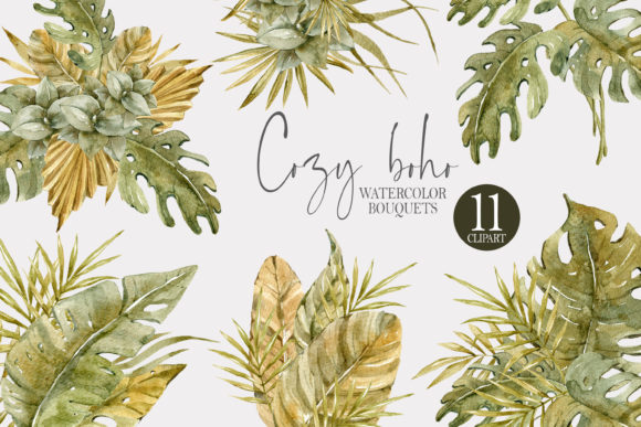 Watercolor Tropical Bouquet Clipart Set and Illustrations