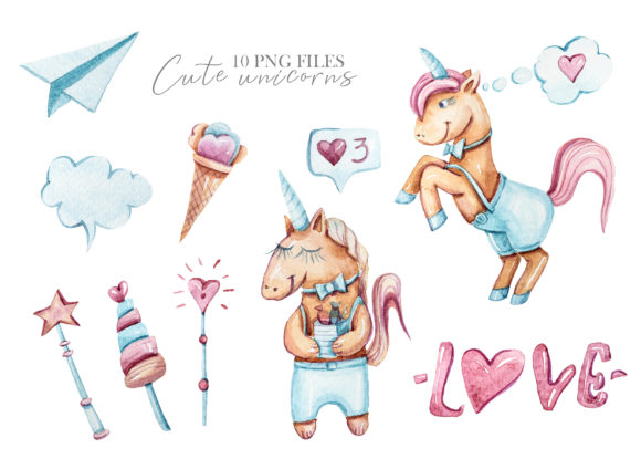Watercolor Valentine Day Unicorn Clipart and Illustrations