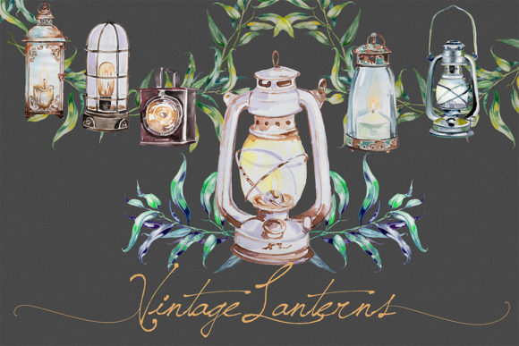 Watercolor Vintage Lanterns Clipart Set Illustrations